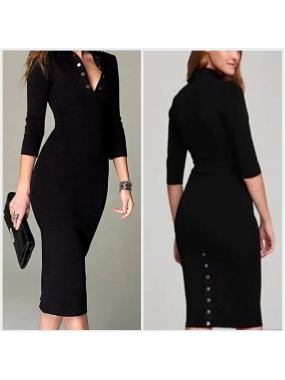 MARSTÉ Berlin Black Knit Midi Dress High Neck Gold Buttons Bodycon Plus Size 16